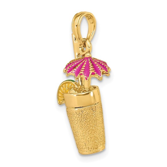 14k Yellow Gold 3-D Cocktail Drink Fuschia Enamel Umbrella & Lime Charm Pendant